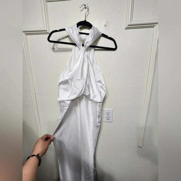 Lulu's Halter White Satin Halter Neck Twist-Front Maxi Dress Wedding Bridal - Picture 8 of 14